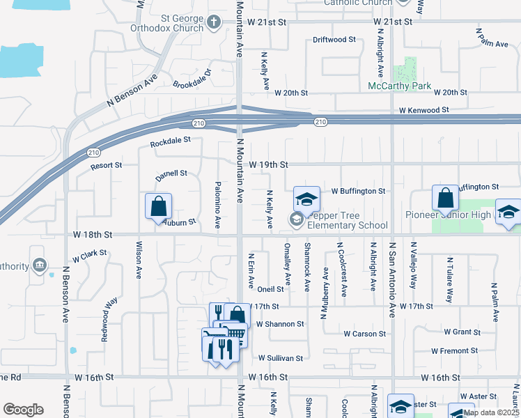 map of restaurants, bars, coffee shops, grocery stores, and more near 1154 West Katy Court in Upland