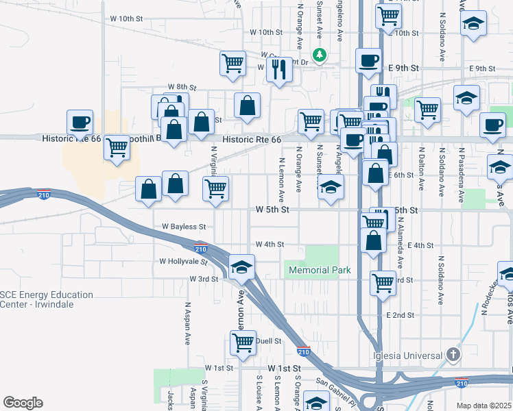map of restaurants, bars, coffee shops, grocery stores, and more near 739 West 5th Street in Azusa