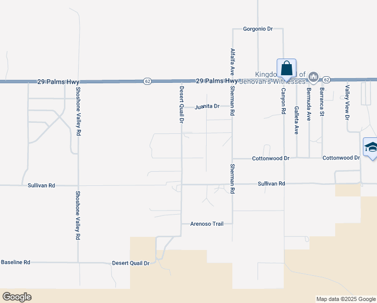 map of restaurants, bars, coffee shops, grocery stores, and more near 70130 Cottonwood Drive in Twentynine Palms