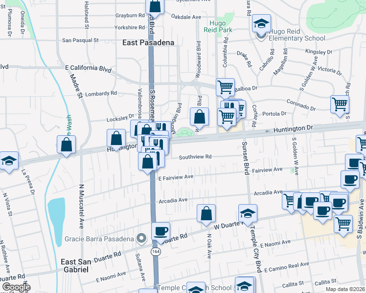 map of restaurants, bars, coffee shops, grocery stores, and more near 9061 Southview Road in San Gabriel