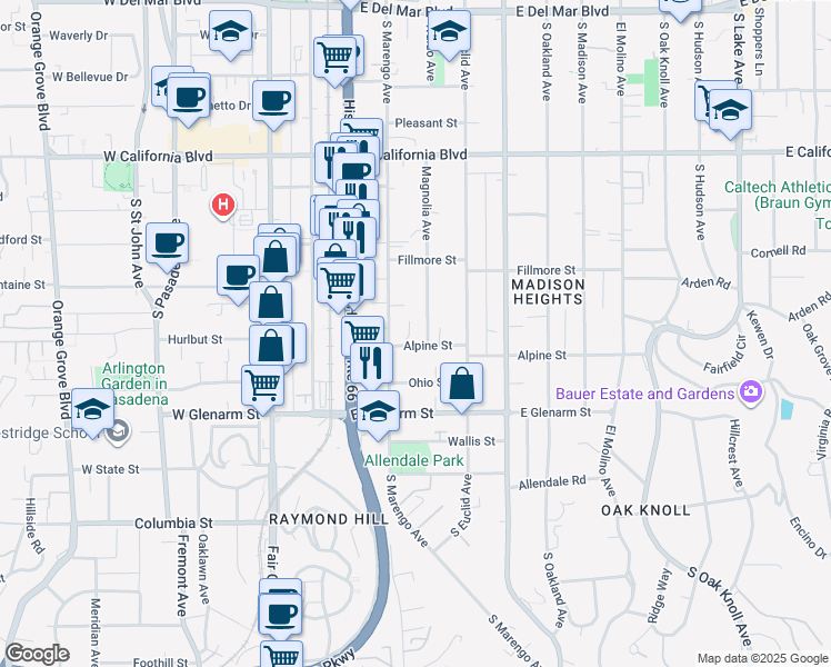 map of restaurants, bars, coffee shops, grocery stores, and more near 270 Alpine Street in Pasadena