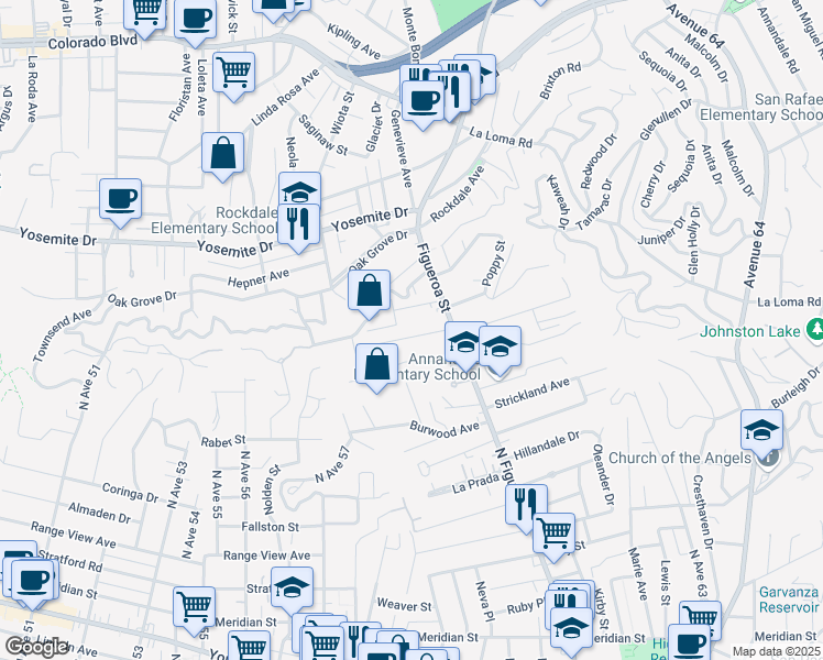 map of restaurants, bars, coffee shops, grocery stores, and more near 6012 Tipton Way in Los Angeles