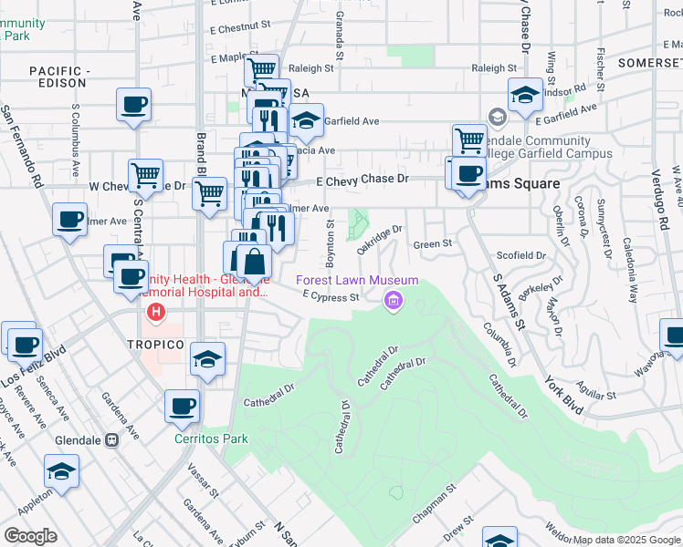 map of restaurants, bars, coffee shops, grocery stores, and more near 551 East Cypress Street in Glendale