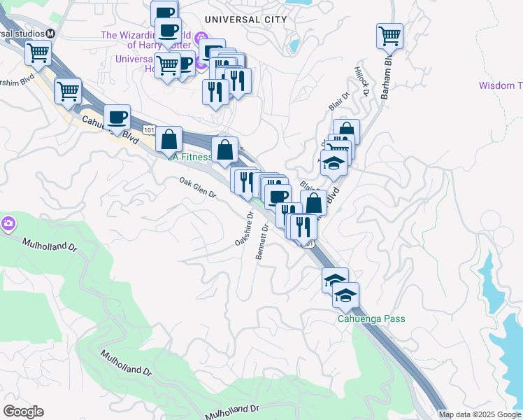 map of restaurants, bars, coffee shops, grocery stores, and more near 3270 Oakshire Drive in Los Angeles