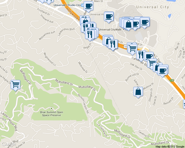 map of restaurants, bars, coffee shops, grocery stores, and more near 3542 Multiview Drive in Los Angeles