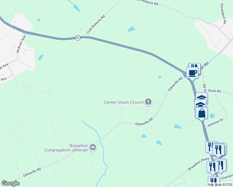 map of restaurants, bars, coffee shops, grocery stores, and more near 182 Etsel Lane in Braselton