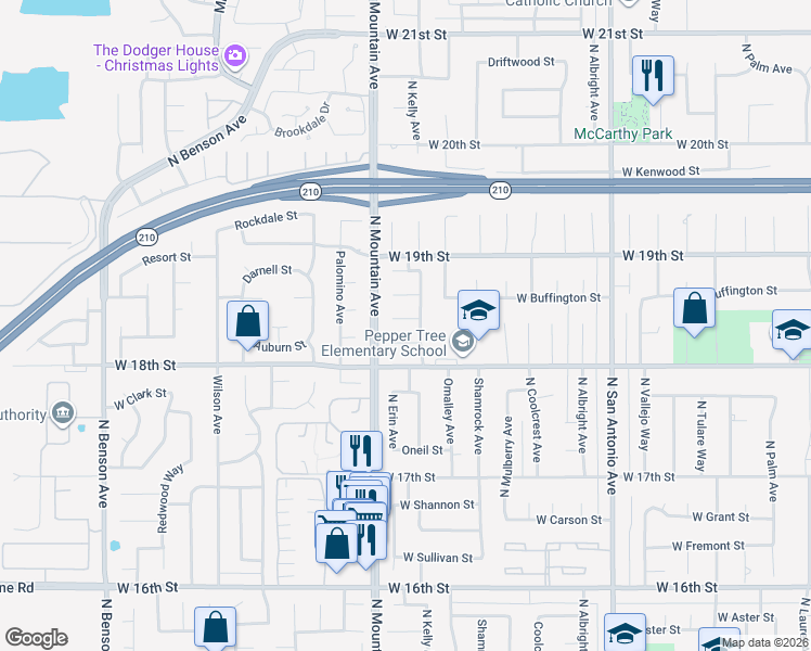 map of restaurants, bars, coffee shops, grocery stores, and more near 1154 West Katy Court in Upland