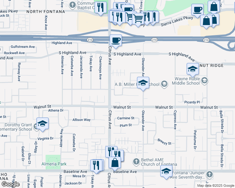 map of restaurants, bars, coffee shops, grocery stores, and more near 6819 Sunridge Court in Fontana