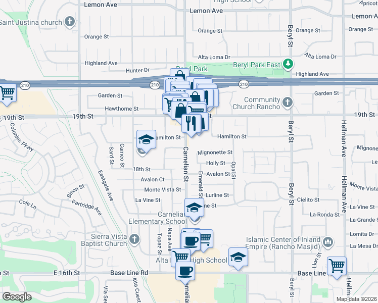 map of restaurants, bars, coffee shops, grocery stores, and more near 6833 Carnelian Street in Rancho Cucamonga