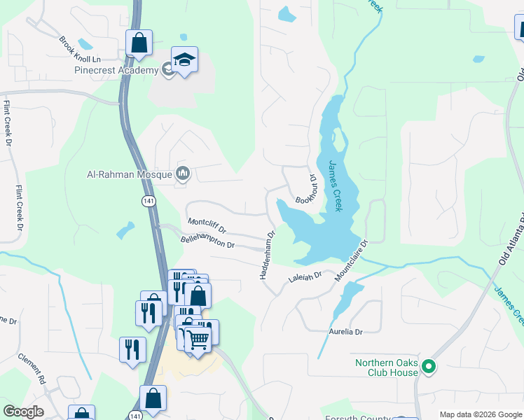 map of restaurants, bars, coffee shops, grocery stores, and more near 1310 Montcliff Drive in Cumming