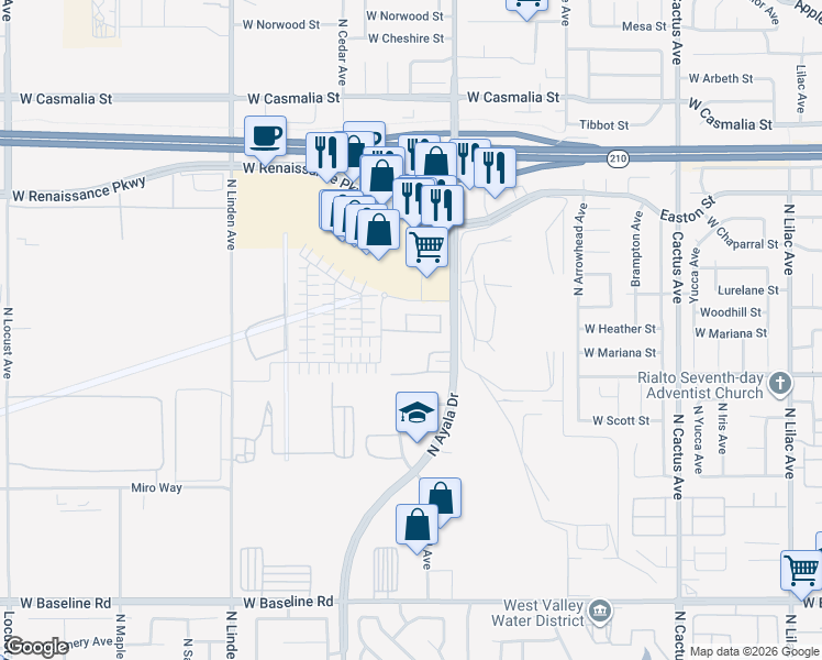 map of restaurants, bars, coffee shops, grocery stores, and more near Tomcat Avenue in Rialto