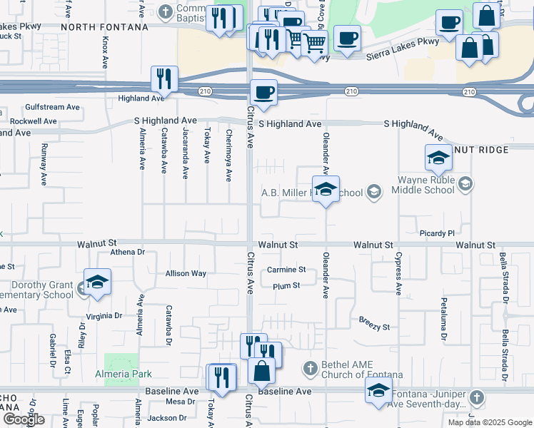 map of restaurants, bars, coffee shops, grocery stores, and more near 6819 Sunridge Court in Fontana