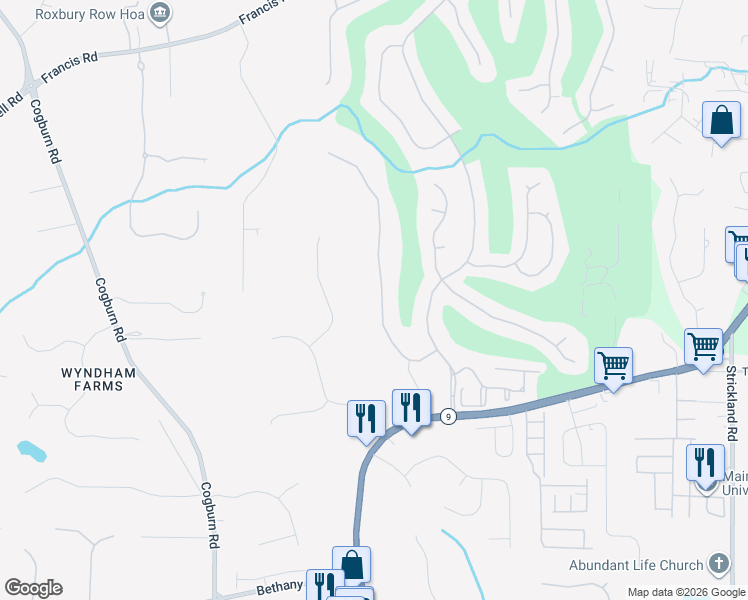 map of restaurants, bars, coffee shops, grocery stores, and more near 14320 Morning Mountain Way in Alpharetta