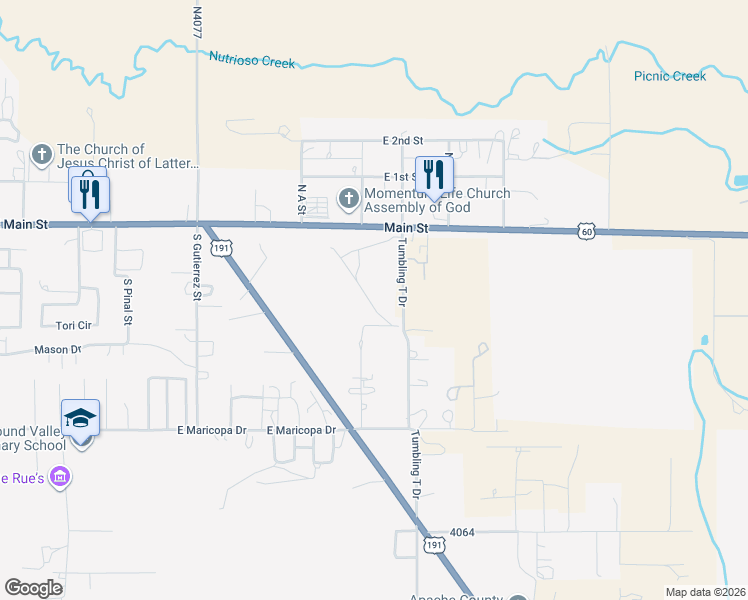 map of restaurants, bars, coffee shops, grocery stores, and more near 470 South Cordillia Drive in Springerville