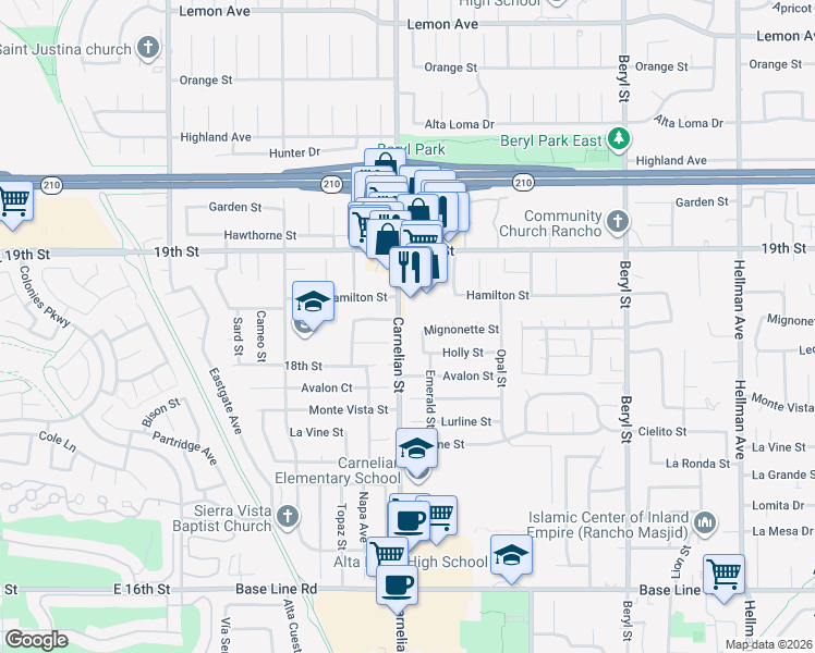map of restaurants, bars, coffee shops, grocery stores, and more near 6833 Carnelian Street in Rancho Cucamonga