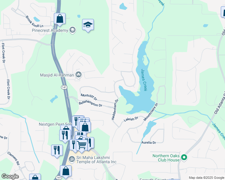 map of restaurants, bars, coffee shops, grocery stores, and more near 1310 Montcliff Drive in Cumming