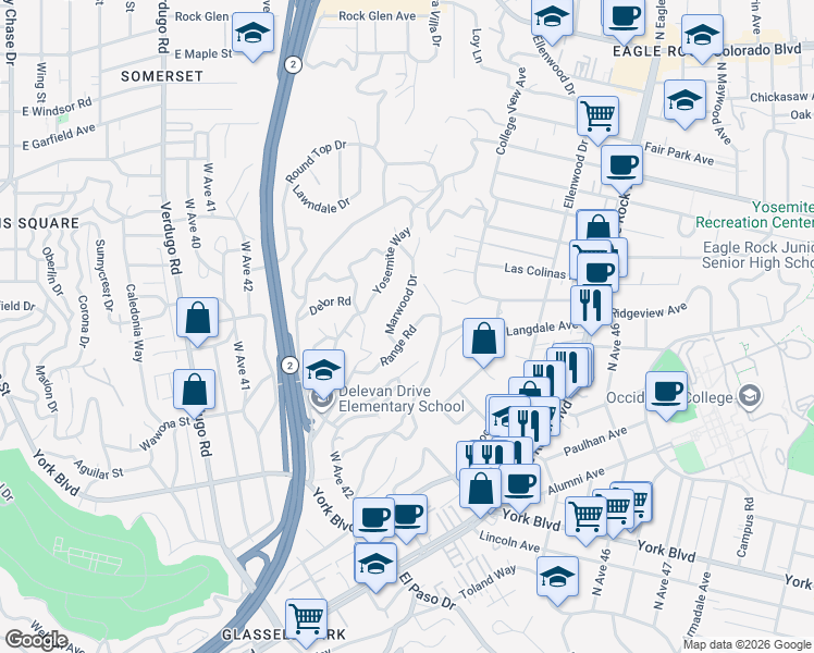 map of restaurants, bars, coffee shops, grocery stores, and more near 2631 Range Road in Los Angeles