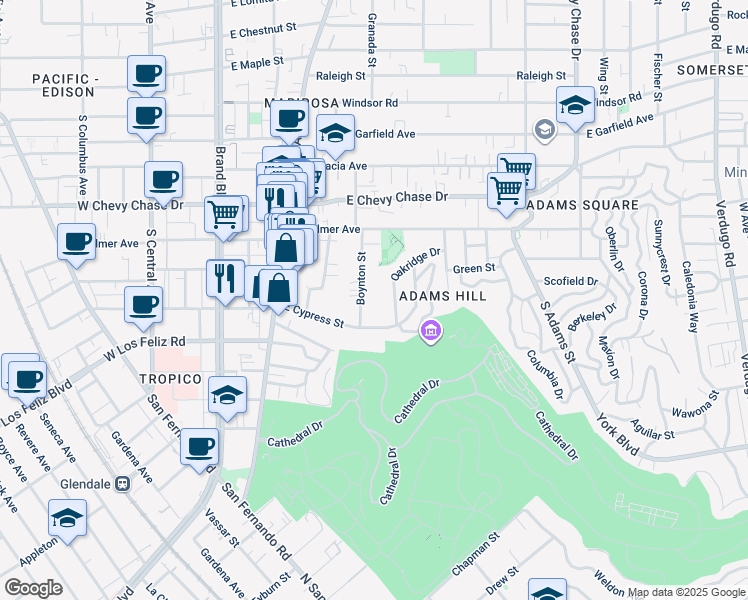map of restaurants, bars, coffee shops, grocery stores, and more near 1270 Boynton Street in Glendale
