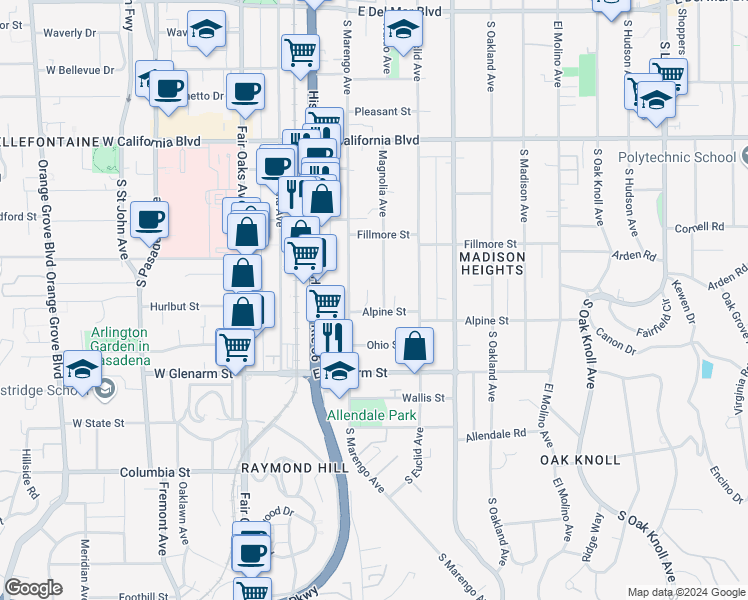 map of restaurants, bars, coffee shops, grocery stores, and more near 249 Alpine Street in Pasadena