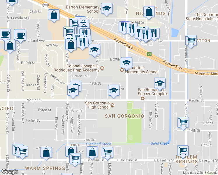 map of restaurants, bars, coffee shops, grocery stores, and more near 2282 East 17th Street in San Bernardino