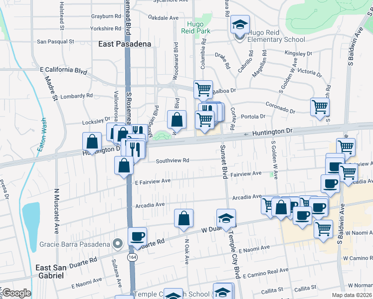 map of restaurants, bars, coffee shops, grocery stores, and more near 9160 Huntington Drive in San Gabriel