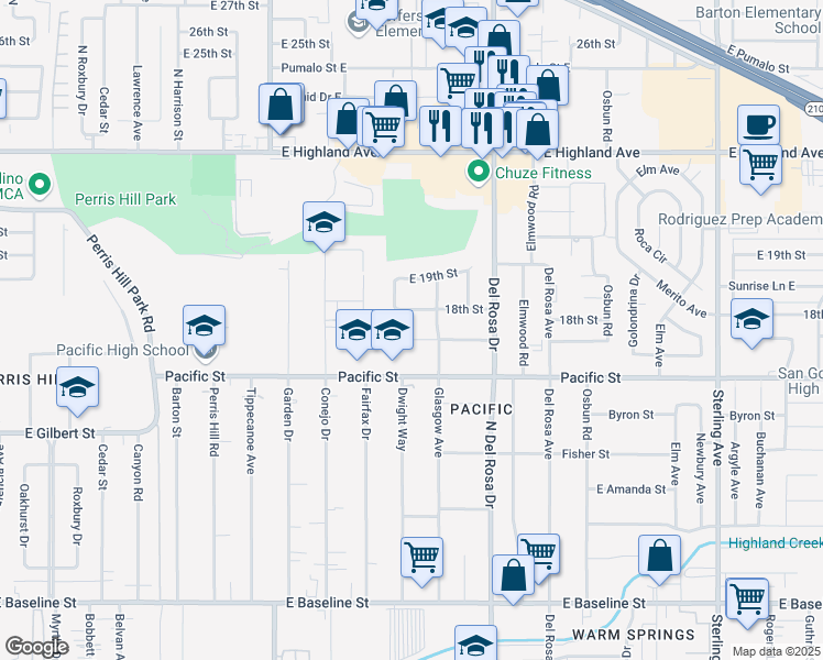 map of restaurants, bars, coffee shops, grocery stores, and more near 25156 East 17th Street in San Bernardino