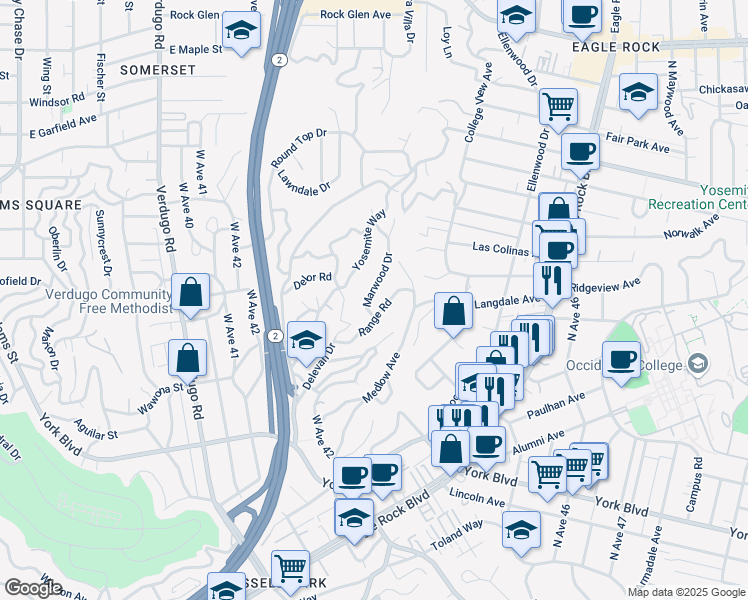 map of restaurants, bars, coffee shops, grocery stores, and more near 4626 Marwood Drive in Los Angeles