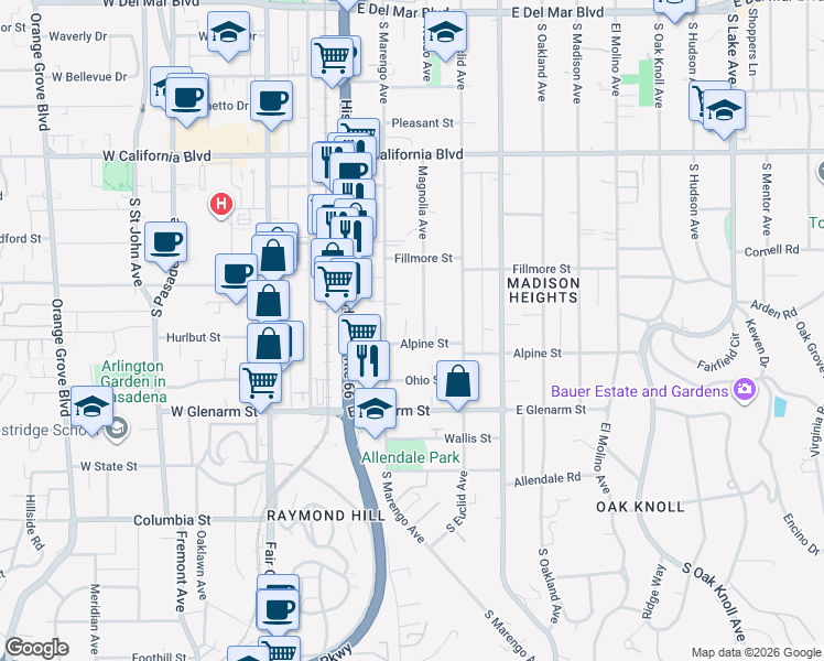 map of restaurants, bars, coffee shops, grocery stores, and more near 249 Alpine Street in Pasadena