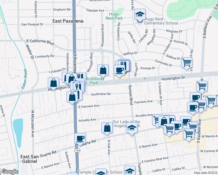 map of restaurants, bars, coffee shops, grocery stores, and more near 9160 Huntington Drive in San Gabriel