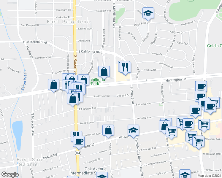 map of restaurants, bars, coffee shops, grocery stores, and more near 9167 Southview Road in San Gabriel
