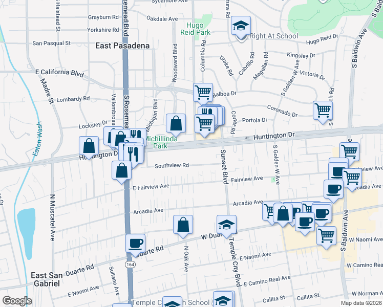 map of restaurants, bars, coffee shops, grocery stores, and more near 9167 Southview Road in San Gabriel