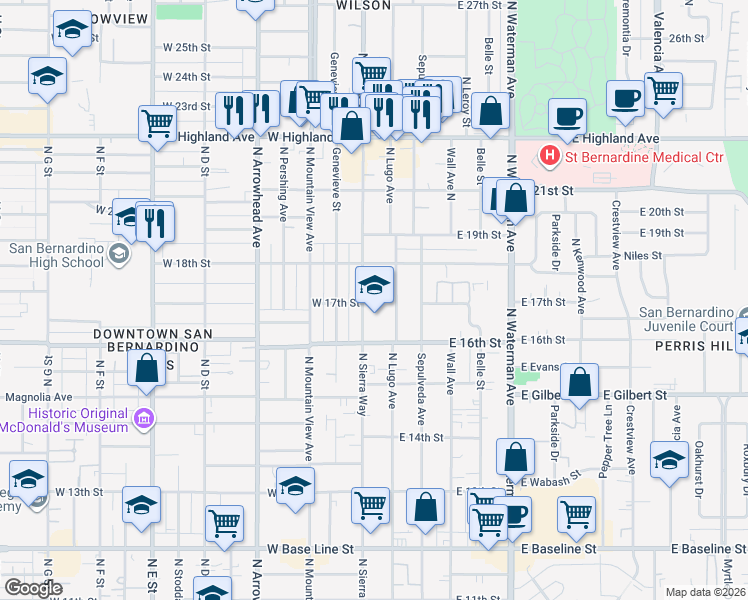 map of restaurants, bars, coffee shops, grocery stores, and more near 1705 North Sierra Way in San Bernardino