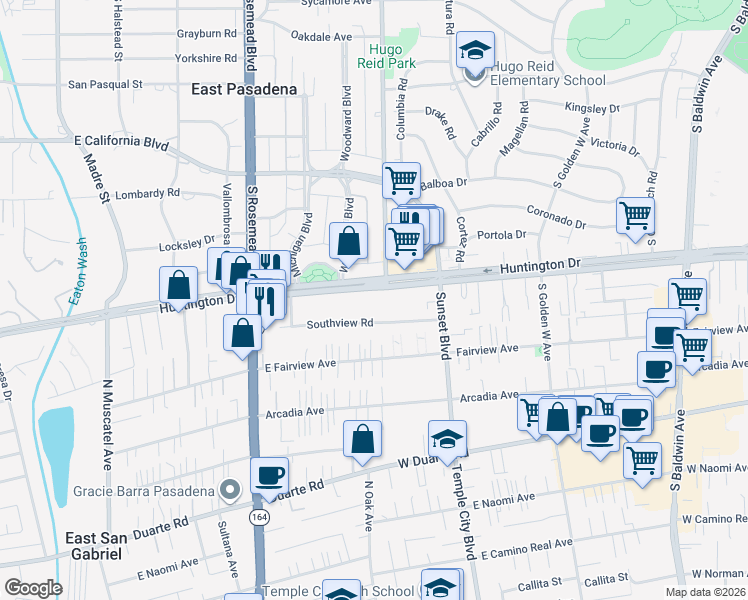 map of restaurants, bars, coffee shops, grocery stores, and more near 9167 Southview Road in San Gabriel