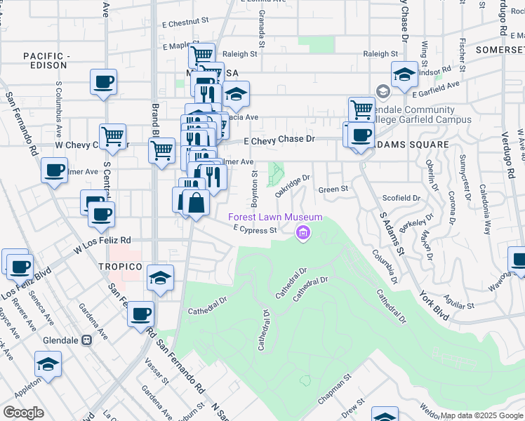 map of restaurants, bars, coffee shops, grocery stores, and more near 1270 Boynton Street in Glendale