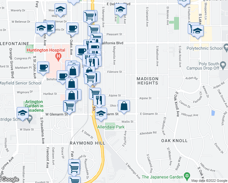 map of restaurants, bars, coffee shops, grocery stores, and more near 883 Magnolia Avenue in Pasadena