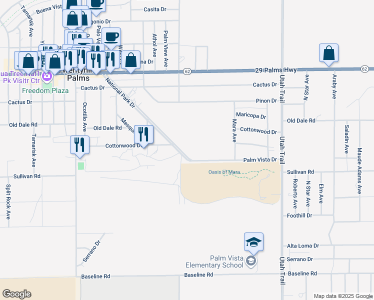 map of restaurants, bars, coffee shops, grocery stores, and more near National Park Drive in Twentynine Palms