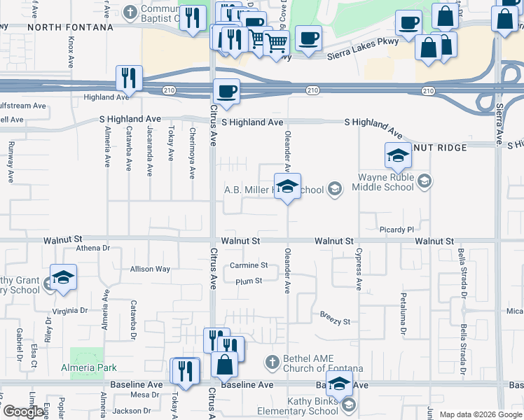 map of restaurants, bars, coffee shops, grocery stores, and more near 16252 Soapberry Lane in Fontana