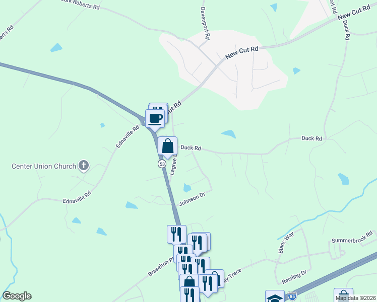 map of restaurants, bars, coffee shops, grocery stores, and more near 18 King's Road in Braselton