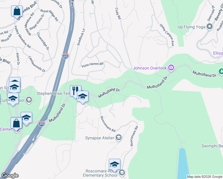 map of restaurants, bars, coffee shops, grocery stores, and more near 15263 Mulholland Drive in Los Angeles