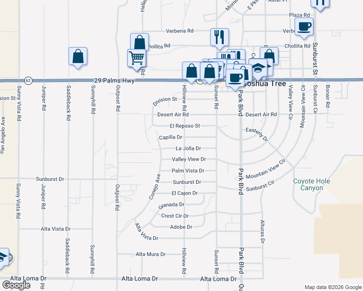 map of restaurants, bars, coffee shops, grocery stores, and more near 61548 Valley View Drive in Joshua Tree