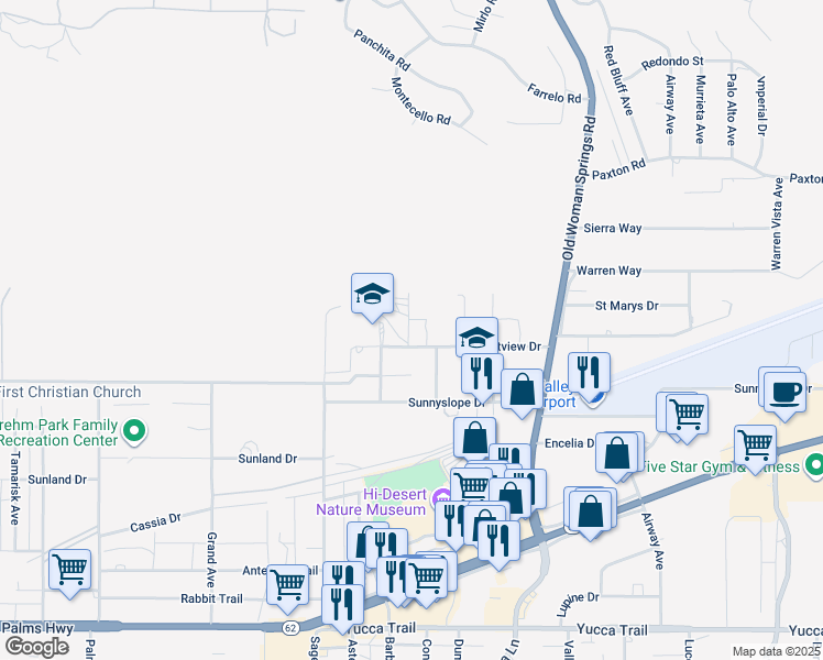 map of restaurants, bars, coffee shops, grocery stores, and more near 57106 Crestview Drive in Yucca Valley
