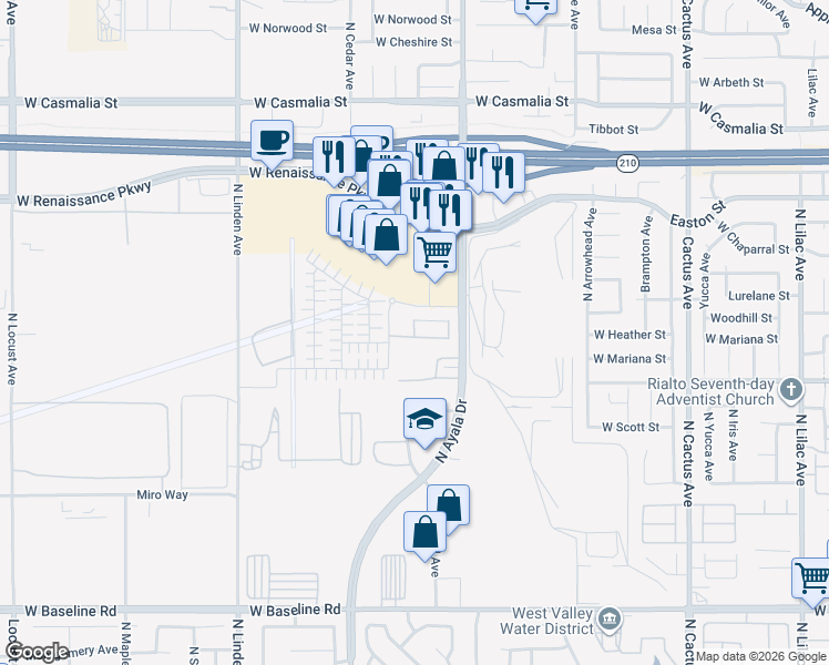map of restaurants, bars, coffee shops, grocery stores, and more near 1788 Falcon Street in Rialto