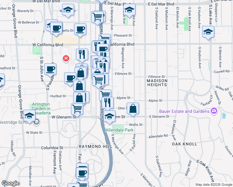 map of restaurants, bars, coffee shops, grocery stores, and more near 945 South Marengo Avenue in Pasadena