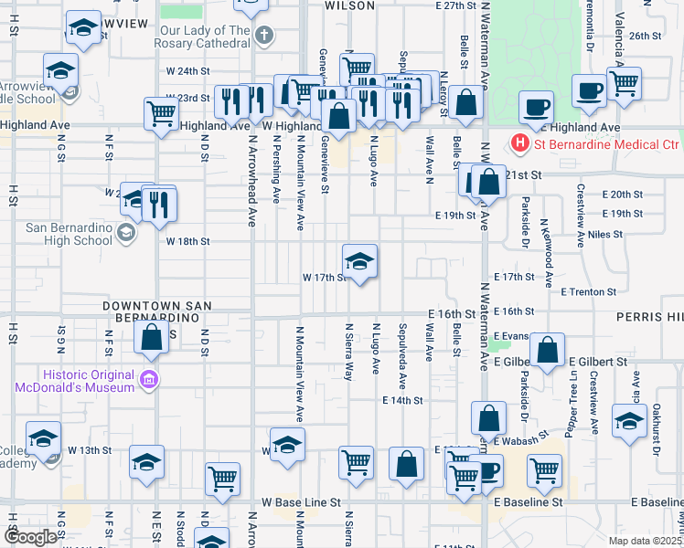 map of restaurants, bars, coffee shops, grocery stores, and more near 1702 North Sierra Way in San Bernardino