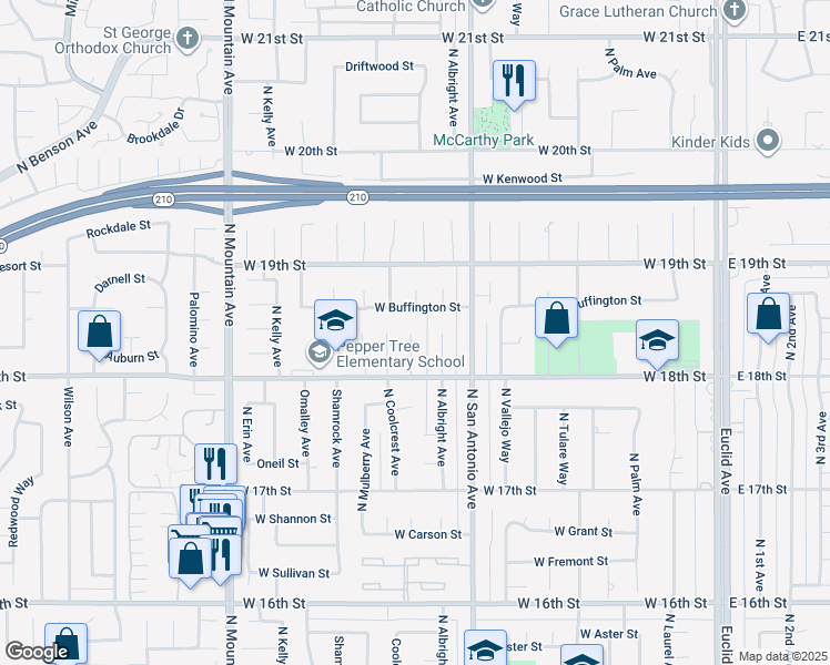 map of restaurants, bars, coffee shops, grocery stores, and more near 1842 Balboa Way in Upland