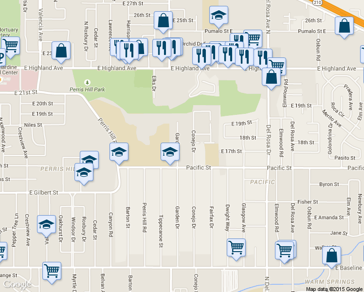 map of restaurants, bars, coffee shops, grocery stores, and more near 1650 Conejo Drive in San Bernardino