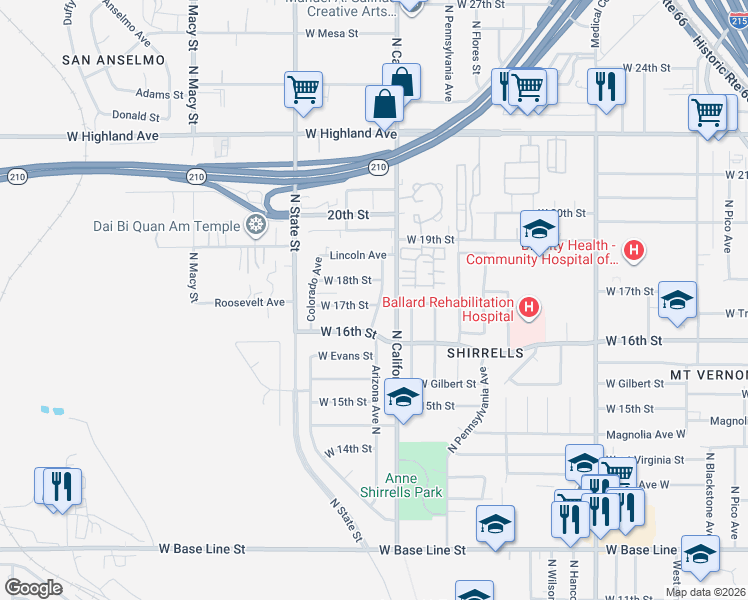 map of restaurants, bars, coffee shops, grocery stores, and more near 1634 North California Street in San Bernardino