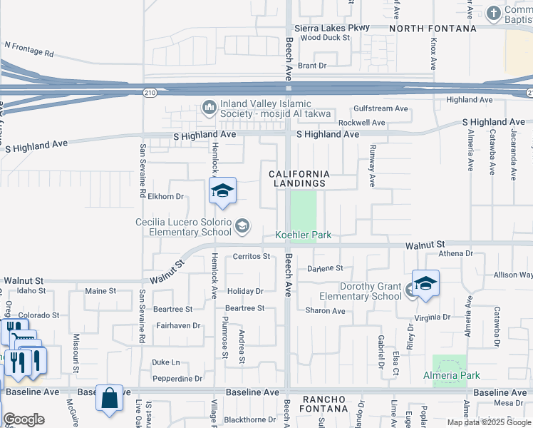 map of restaurants, bars, coffee shops, grocery stores, and more near 6861 Earp Way in Fontana