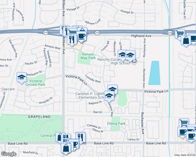 map of restaurants, bars, coffee shops, grocery stores, and more near 6871 Castillo Place in Rancho Cucamonga