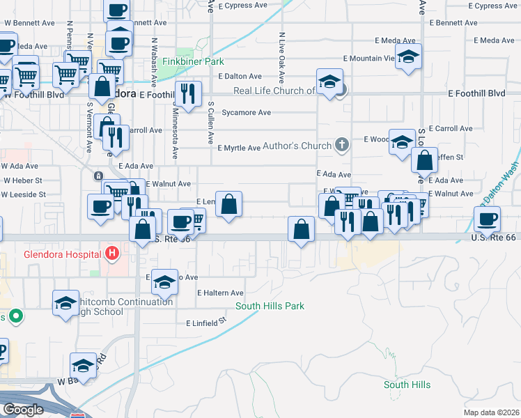 map of restaurants, bars, coffee shops, grocery stores, and more near 611 East Route 66 in Glendora